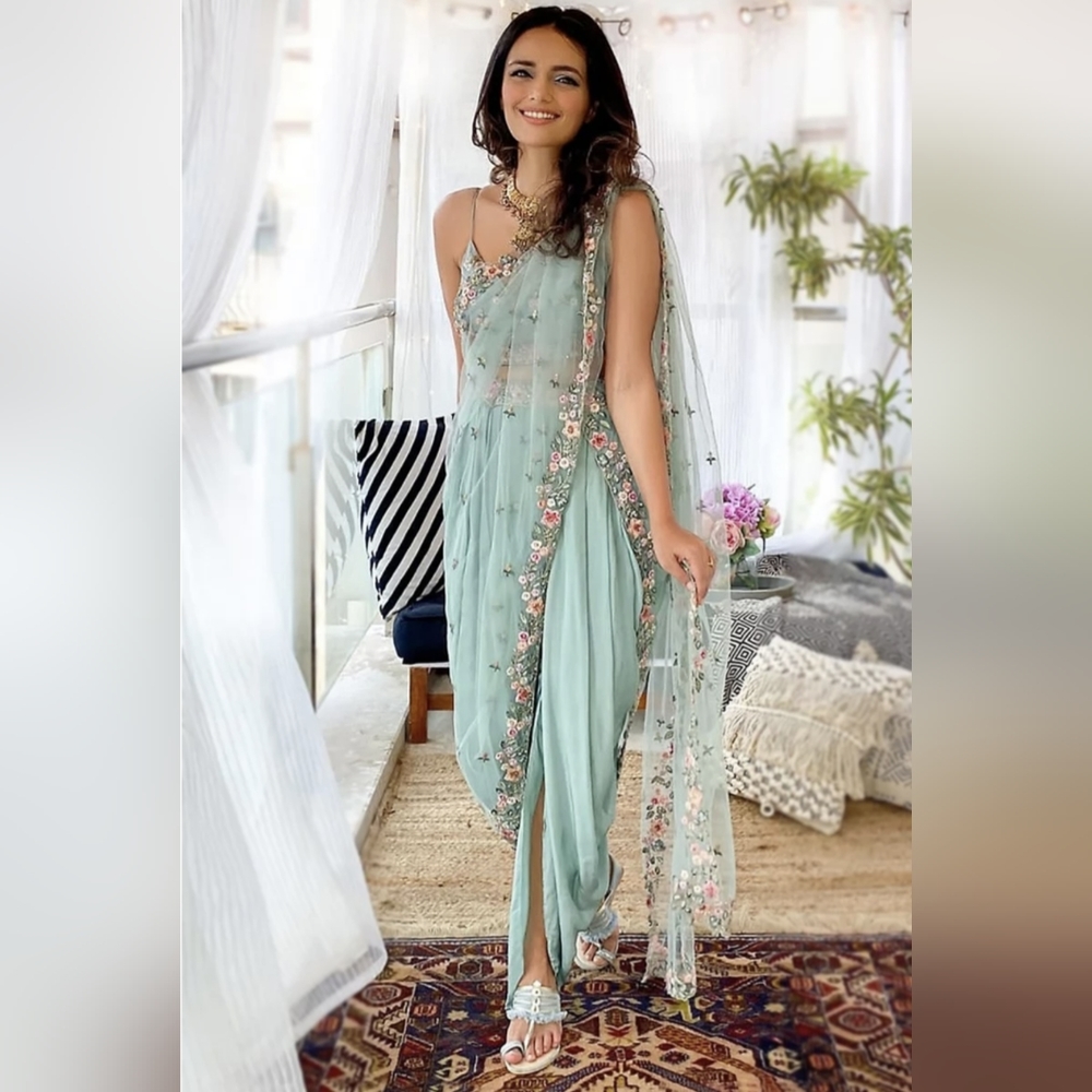 Embroidered Net And Crepe Silk Mint Blue Dhoti Style Saree